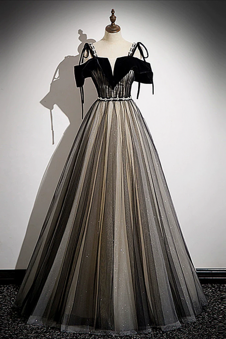 A-line Tulle Black Long Prom Dress, Black Long Formal Dress