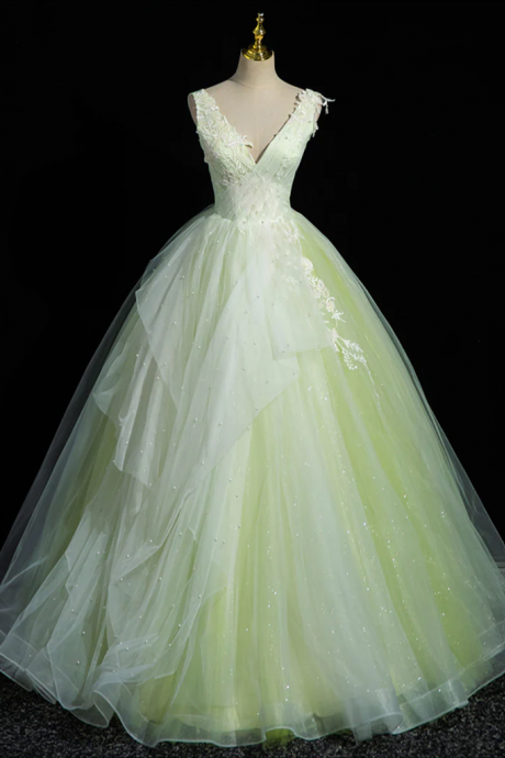 A-line V Neck Lace Tulle Green Long Prom Dress, Green Sweet Dress
