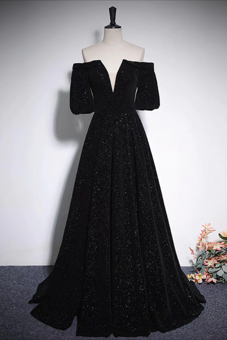 A-line V Neck Velvet Black Long Prom Dress, Black Formal Evening Dress