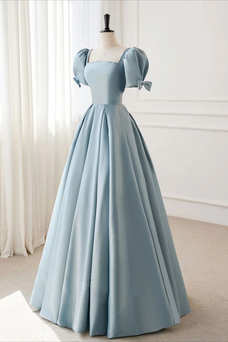 A-line Blue Satin Puffy Sleeve Long Prom Dress, Blue Formal Dresses