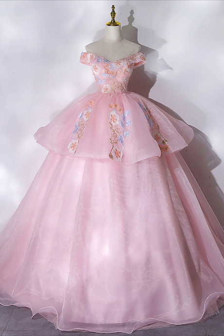 A-line Off Shoulder Organza Lace Pink Long Prom Dress. Pink Sweet Dress