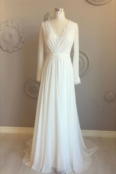 White Chiffon V Neck Long Prom Dress, White Evening Dress on Luulla