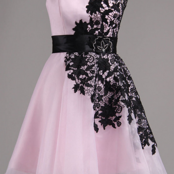 Asymmetric Pink Dress With Black Ribbon, One Shoulder Tulle