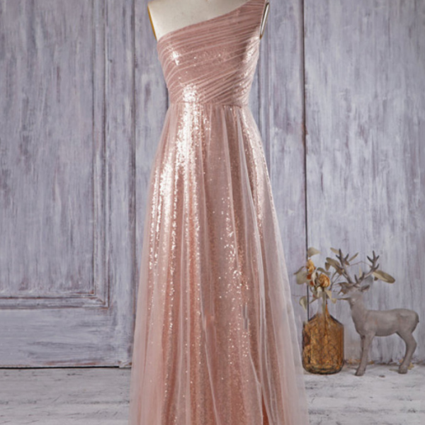 Sparkly Rose Golden Bridesmaid Dresses, Unique One Shoulder Bridesmaid ...