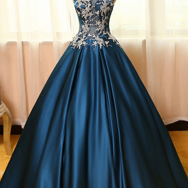 Blue Satins Lace Applique Round Neck See Through A Line Long Prom Dressesball Gown Dresses On 