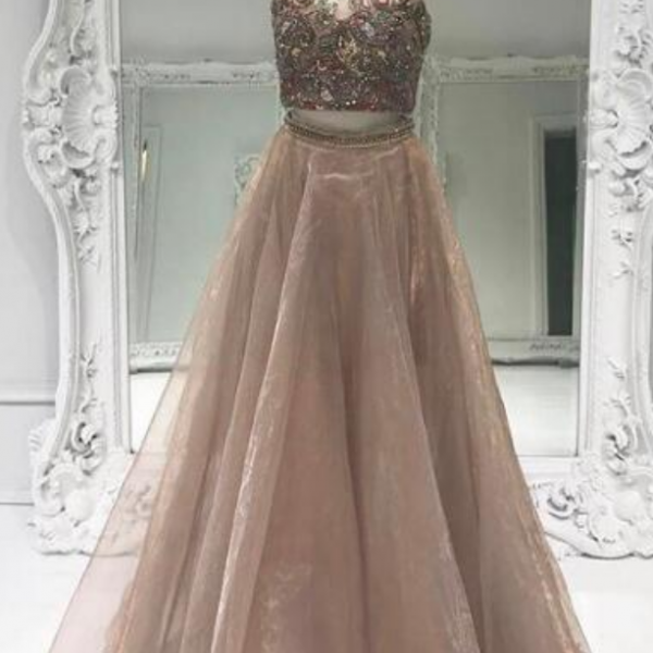brown two piece prom dress Sherri Hill Dresses | Nwt Sherri Hill Copper Beaded Halter Two-Piece Prom Gown Dress Maxi Satin | Color: Brown/Cream | Size: 2
