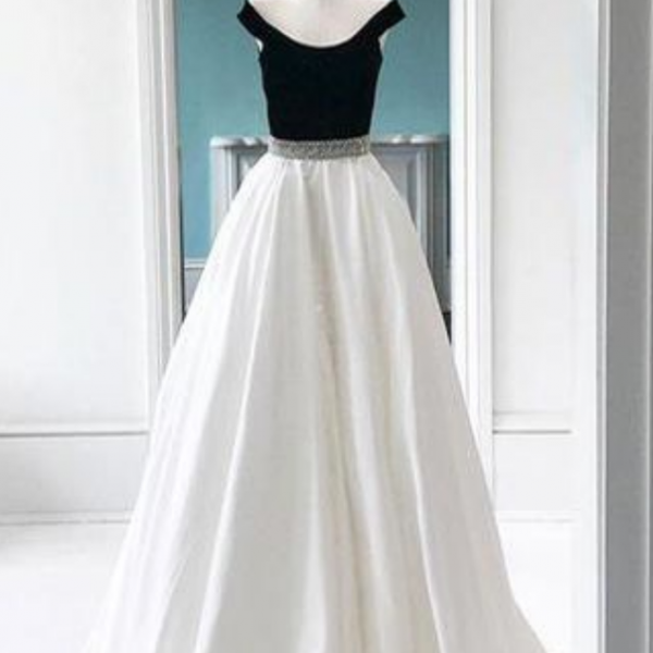 black and white 2 piece prom dress White Satin Mermaid Long Prom Dresses With Black Lace PL523