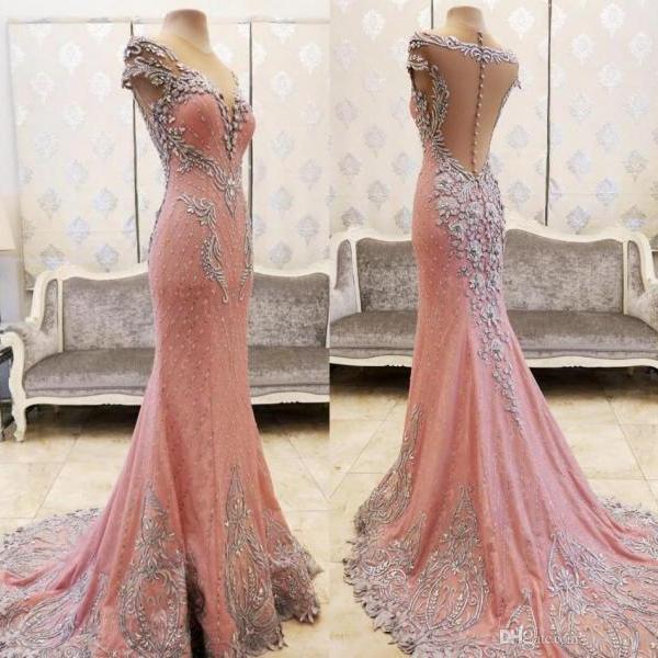 Lace Crystals Beaded Pink Prom Dresses Sheer Neck Mermaid Back Covered ...
