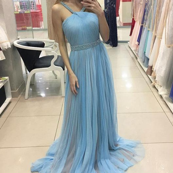 Stunning Simple Elegant Blue Tulle Long Prom Evening Dress Gown main image 0