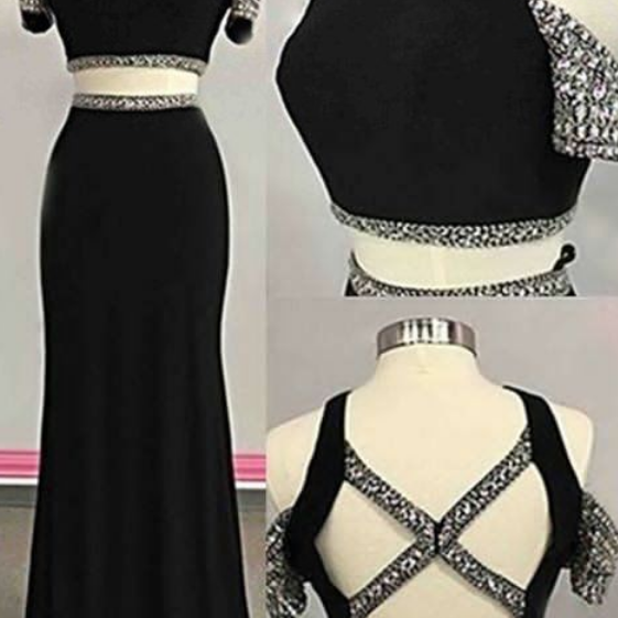 SLNY Black Chiffon Beaded 2 Piece Evening Dress Set
