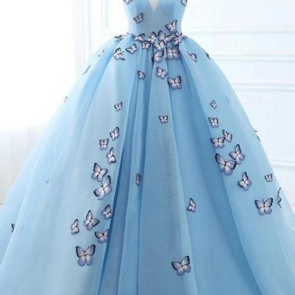 Ball Gown Long Sky Blue Butterfly V Neck Prom Dress,quinceanera Dresses on Luulla