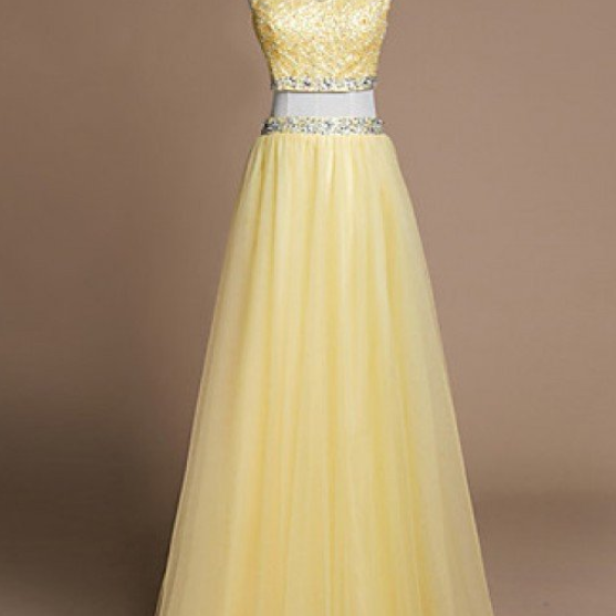 Yellow Two Piece Sequin Beading Long Prom Dress With Illusion ...