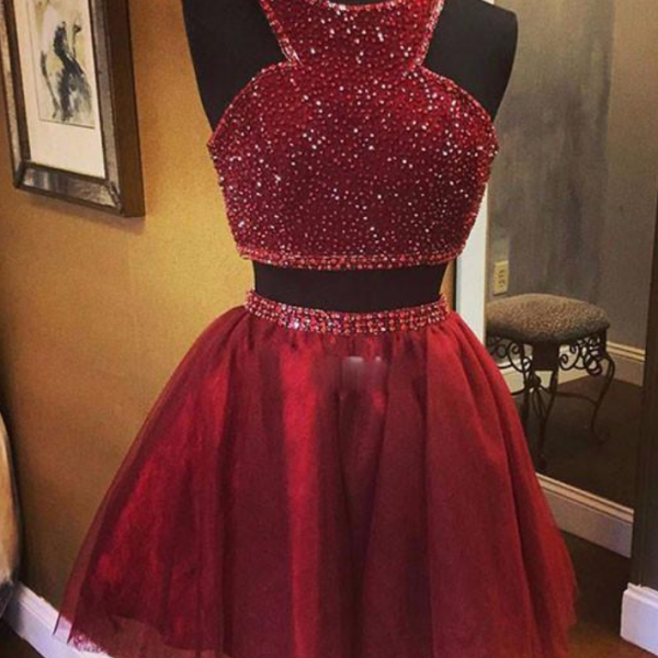 Burgundy Two Piece Short Teenage Dress for Homecoming
