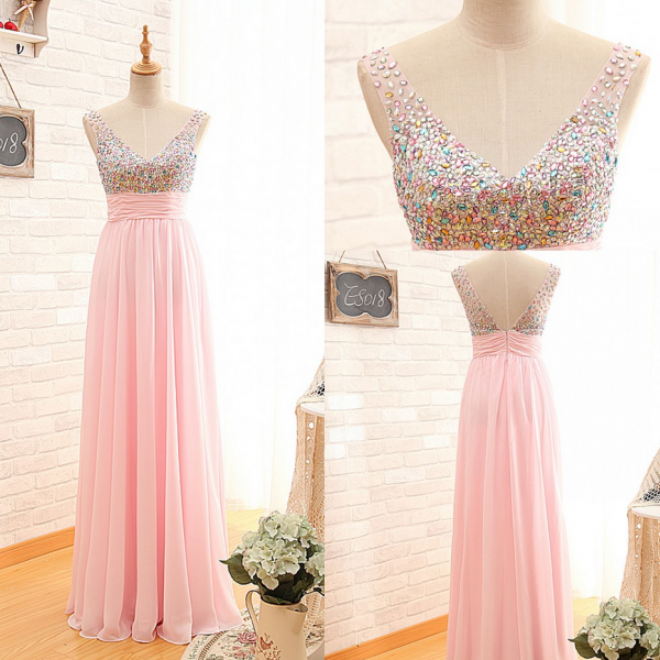 Ready To Ship Vneckline Beaded Pink Prom Dress,long Vback Blush Pink