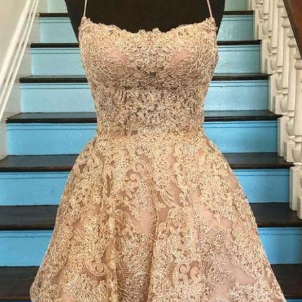 Champagne Lace Short Prom Dress, Champagne Lace Homecoming Dress on Luulla