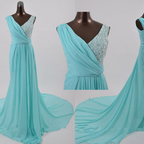 Blue Prom Dresses,A-Line Prom Dress,Beading Prom Dress,V Neck Prom ...