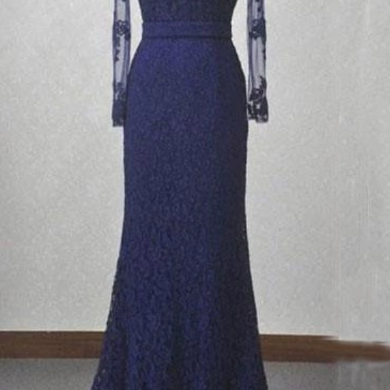 Navy Blue Lace Mermaid Long Sleeves Open Back Floor-length Prom Dresses ...