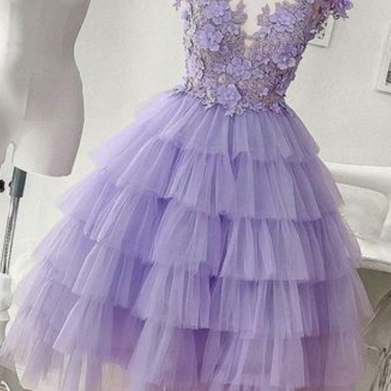 Lilac Tulle Layered Cap Sleeve Short Prom Dress, Party Dress on Luulla