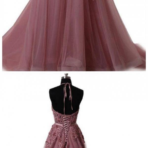 A Line Halter Pink Tulle Appliques Prom Dress LBQ4030