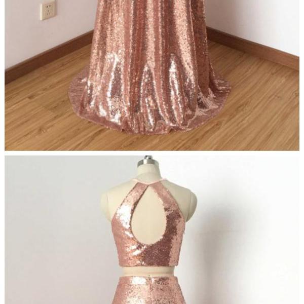 Two Piece Rose Gold Sequin Long Prom Dress on Luulla