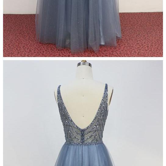Long Tulle Dress with Deep V Neck Satin Sash Decor Dusty Blue