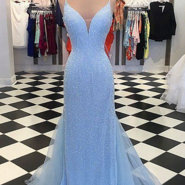 Charming Prom Dress, Tulle Blue Mermaid Prom Dresses, Long Evening ...