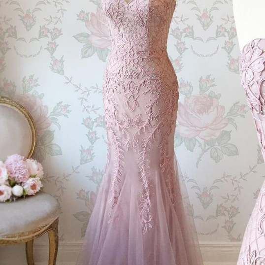 Mermaid Sweetheart Appliques Pink Prom Dress with Beading
