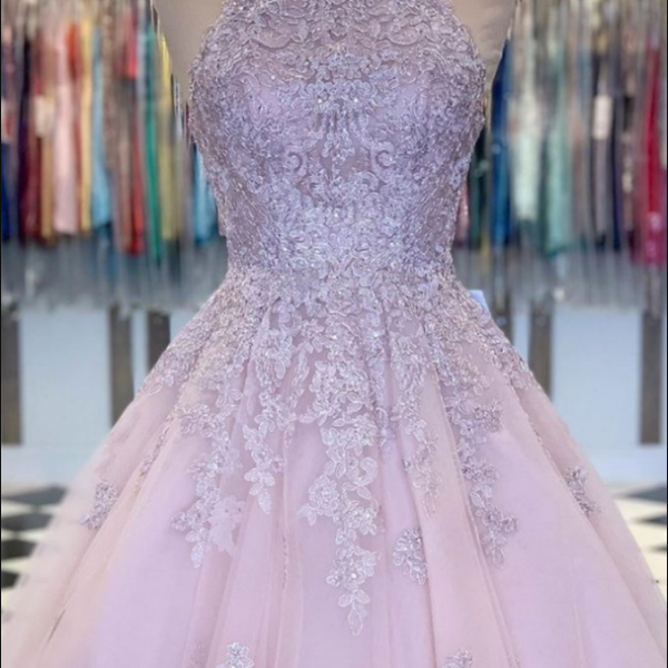 Pink high neck tulle lace short prom dress, pink evening dress