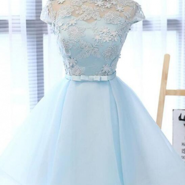 Light Sky Blue Short Homecoming Dress THigh Neck Prom Dress