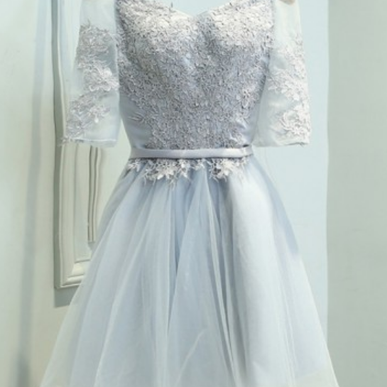 Elegant Homecoming Dresses,A-line Homecoming Dresses,Applique Homecoming Dresses,Light Grey Homecoming Dresses,Off Shoulder Homecoming Dresses,Short Prom Dresses,Party Dresses