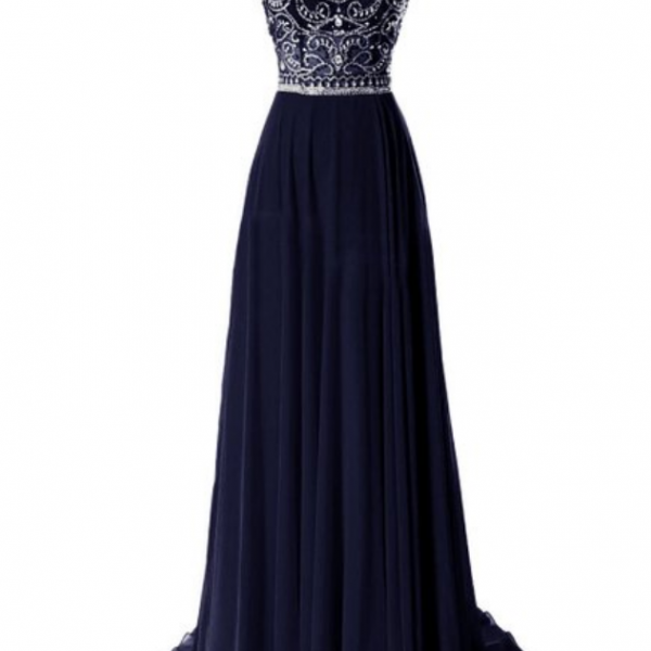 A-line Prom Dress Scoop Cap Sleeve Backless Sweep Train Chiffon with Crystal Beading Formal Dresses Party Gown Women Dresses