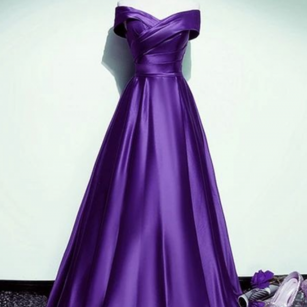 prom dresses Satin Off Shoulder A-line Long Party Dress, Floor Length Junior Prom Dress