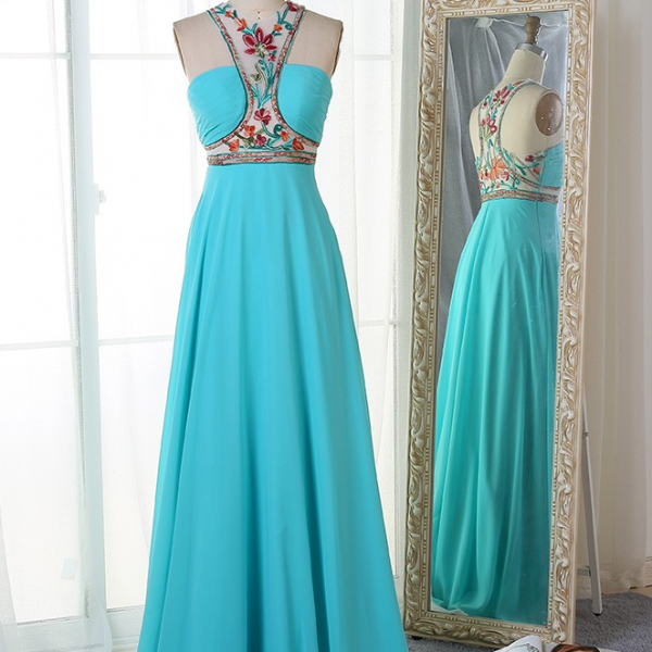 Prom dresses A-Line Jewel Floor-Length Chiffon Prom Dress with Embroidery Pleats