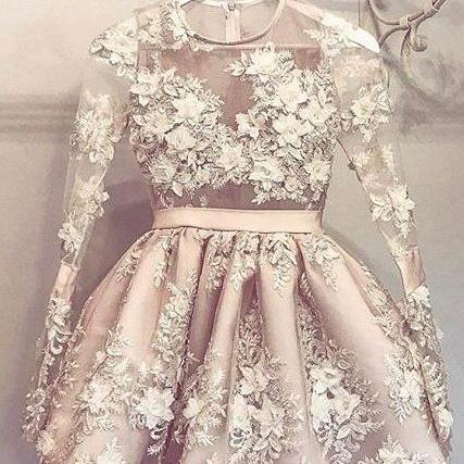 A-Line Homecoming Dresses,Round Neck Homecoming Dress,Short Homecoming Dress,Homecoming Dress with Appliques,Long Sleeves Homecoming Dresses,Homecoming Dress