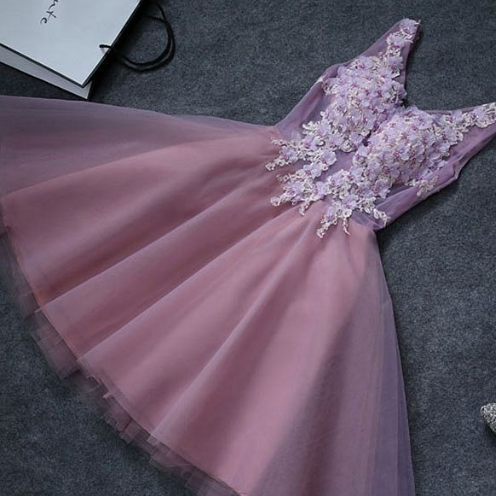 Cute pink v neck lace short prom dress, homecoming dresses