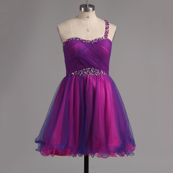 Purple Chiffon Cocktail Dress, Crystal Embellished Graduation Dress, One-Shoulder Evening Dress, A-Line Short Homecoming Dress
