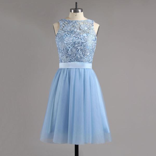 Jewel Ice Blue Homecoming Dress with Sash, Illusion Tulle Homecoming Dress with Appliques, Short Open Back Homecoming Dress
