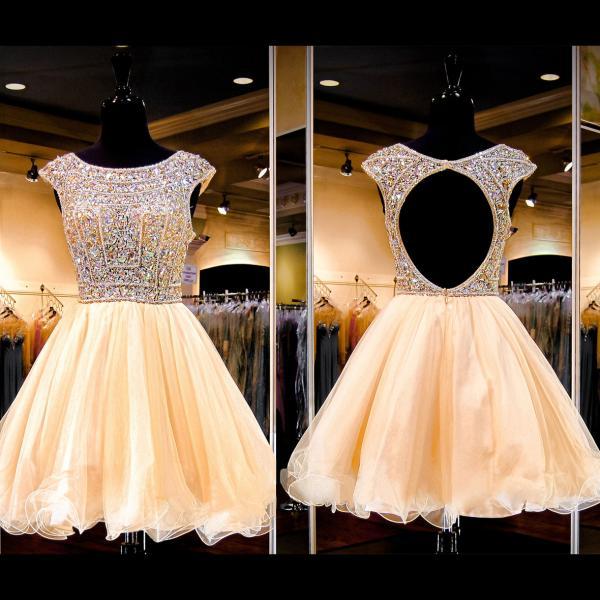 Sexy Open Back Princess Homecoming Dresses, Cap Sleeve Boat Neck Short Prom Dresses, Sparkly Crystal Sequined Tulle Prom Dresses