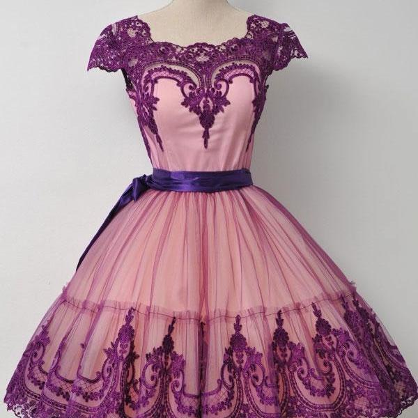 Pink Tulle Purple Lace Prom Dresses, Cap Sleeves Prom Dresses, Short Homecoming Dresses, Lace Prom Dresses