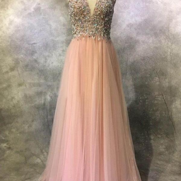 V-Neck Tulle Formal Prom Dress, Modest Beautiful Long Prom Dress, Banquet Party Dress