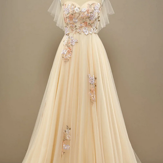 Elegant A Line Applique Tulle Formal Prom Dress, Beautiful Long Prom Dress, Banquet Party Dress