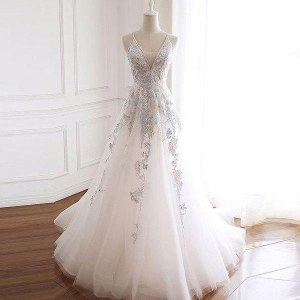 Elegant V Neck Tulle Lace Tulle Formal Prom Dress, Beautiful Prom Dress, Banquet Party Dress