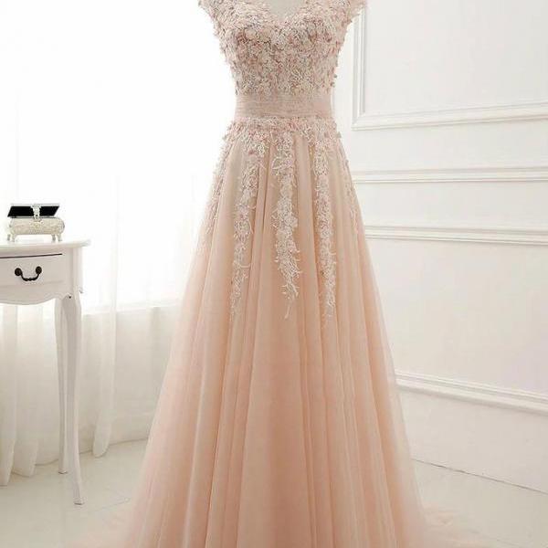 Elegant Round Neck Lace Appliques Formal Prom Dress, Beautiful Prom Dress, Banquet Party Dress