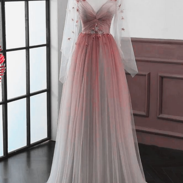 Elegant A-Line Long Sleeves Tulle Formal Prom Dress, Beautiful Prom Dress, Banquet Party Dress