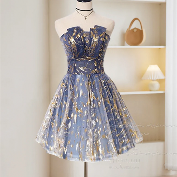 A-Line Tulle Lace Blue Short Prom Dress, Cute Blue Homecoming Dress