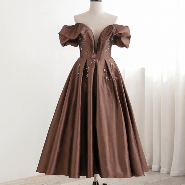 A-Line Tea length Brown Prom dresses, Off Shoulder Brown Formal Dress with Beading