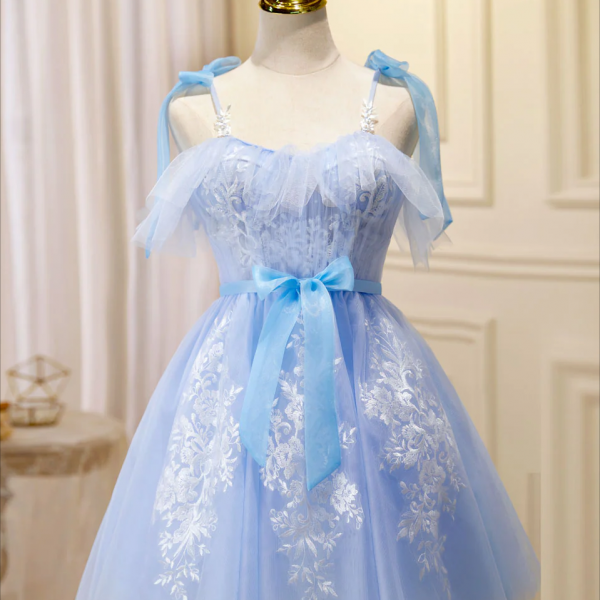 Blue Short Prom Dress, Puffy Cute Blue Homecoming Dress with Lace