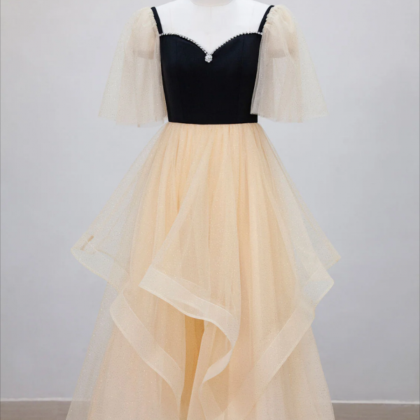 Champagne A-Line Tulle Short Prom Dresses, Champagne Formal Dress