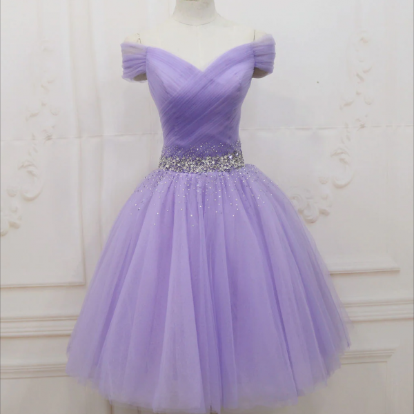 Purple Off Shoulder Tulle Sequin Prom Dress Purple Puffy Homecoming Dress