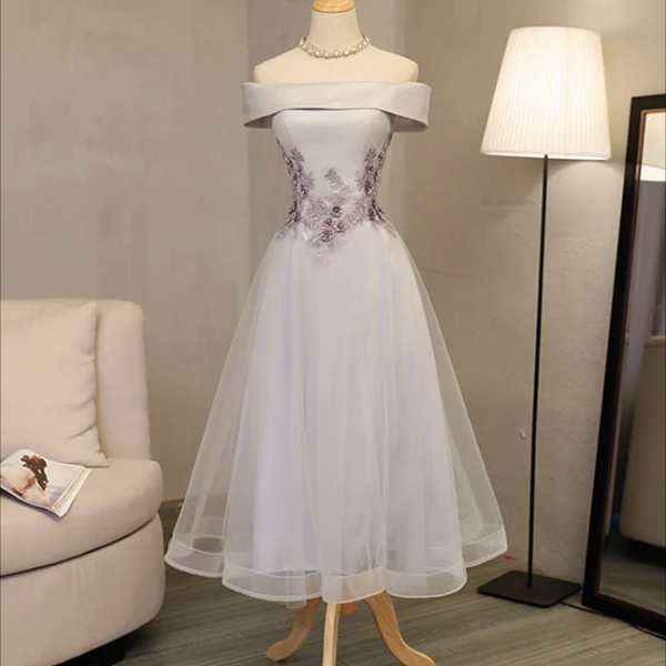 Gray A Line Off Shoulder Tea Length Prom Dress, Lace Homecoming Dress